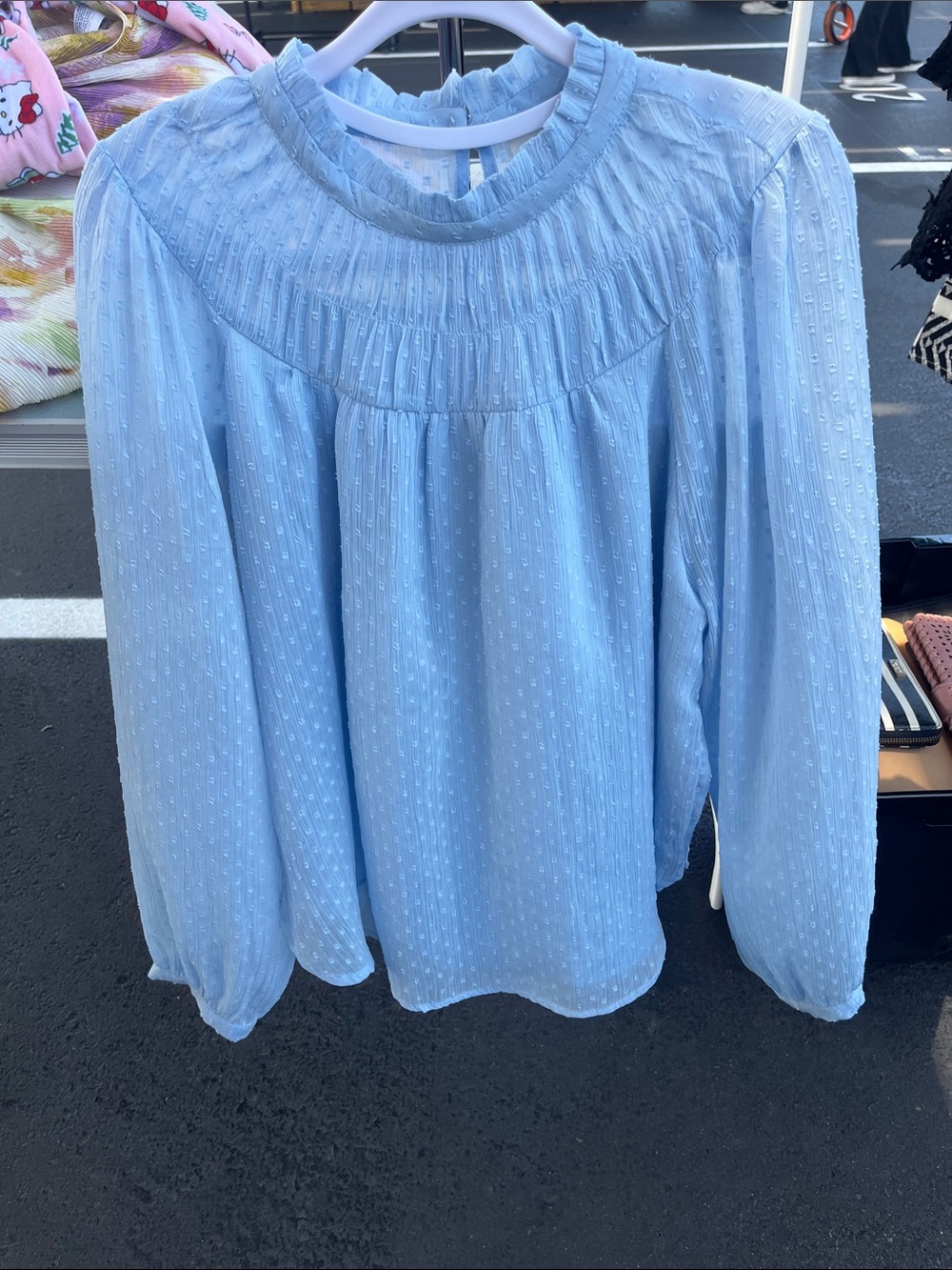 LOFT Light Blue Swiss Dot Ruffle Yoke Blouse